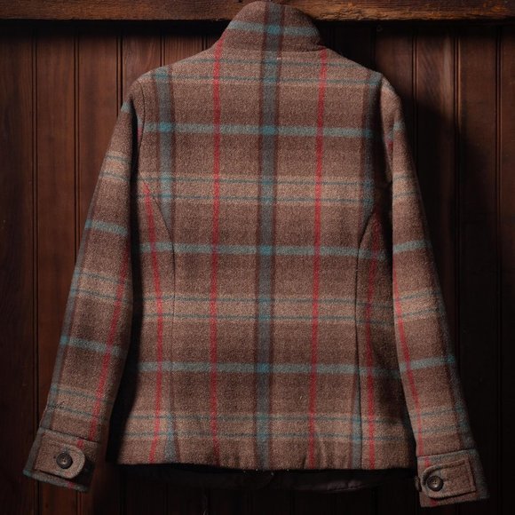 Woolrich Brown Plaid Boxy Jacket Soft Wool Blend with Sherpa Lined Collar - Picture 4 of 6